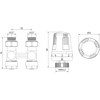 Mexen G01 sada termostatická dvojrúrková DN50, priama 1/2&quot; x16 mm, nikel - W912-016-918-01
