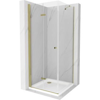 Mexen Lima skladací sprchovací kút 90 x 90 cm, transparentná, zlatá + plochá sprchová vanička - 856-090-090-50-00-4010