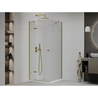 Mexen Roma sklopná sprchová kabína 90 x 90 cm, priehľadná, zlatá + plochá sprchová vanička - 854-090-090-50-00-4010