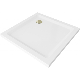 Mexen Flat štvorcová sprchová vanička slim 70 x 70 cm, biela, zlatý sifón - 40107070G