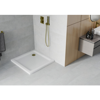 Mexen Flat štvorcová sprchová vanička slim 70 x 70 cm, biela, zlatý sifón - 40107070G