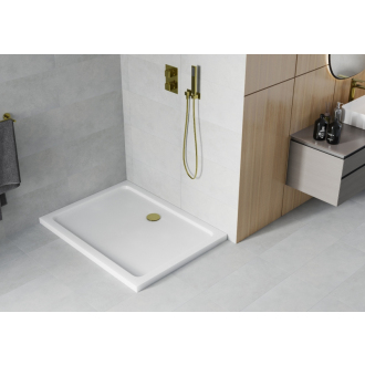 Mexen Flat štíhla obdĺžniková sprchová vanička 130 x 90 cm, biela, zlatý sifón - 40109013G