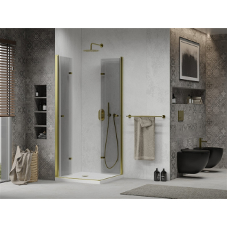 Mexen Lima Duo skladací sprchovací kút 90 x 90 cm, transparentná, zlatá + plochá sprchová vanička - 856-090-090-50-02-4010G