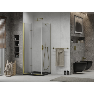 Mexen Lima skladací sprchovací kút 90 x 90 cm, transparentná, zlatá + plochá sprchová vanička, čierna - 856-090-090-50-00-4070G