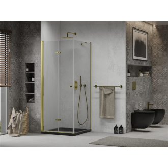 Mexen Lima skladací sprchovací kút 90 x 90 cm, transparentná, zlatá + plochá sprchová vanička, čierna - 856-090-090-50-00-4070G