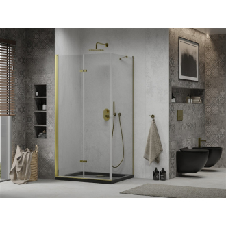 Mexen Lima skladací sprchovací kút 90 x 100 cm, transparentná, zlatá + plochá sprchová vanička, čierna - 856-090-100-50-00-4070G