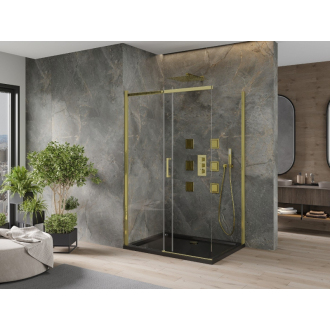 Mexen Omega výsuvná sprchová kabína 120 x 80 cm, priehľadná, zlatá + plochá sprchová vanička, čierna - 825-120-080-50-00-4070G