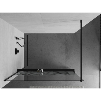 Sprchová stena Mexen Kyoto+ s policou a koľajnicou 90 x 200 cm, transparentný/biely vzor 8 mm, čierna - 800-090-121-70-85