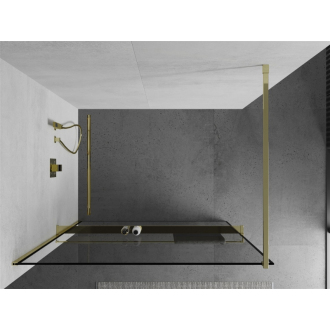 Sprchová stena Mexen Kyoto+ s policou a koľajnicou 100 x 200 cm, transparentný/čierny vzor 8 mm, zlatá - 800-100-121-50-70