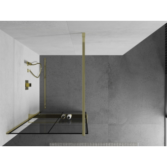 Sprchová stena Mexen Kyoto+ s policou a koľajnicou 70 x 200 cm, transparentný/čierny vzor 8 mm, zlatá - 800-070-121-50-77