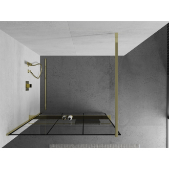 Sprchová stena Mexen Kyoto+ s policou a koľajnicou 100 x 200 cm, transparentný/čierny vzor 8 mm, zlatá - 800-100-121-50-77