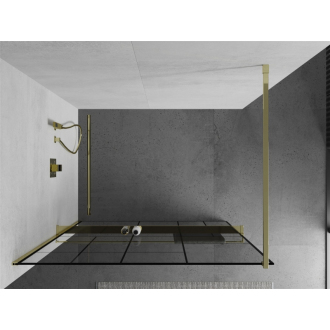 Sprchová stena Mexen Kyoto+ s policou a koľajnicou 140 x 200 cm, transparentný/čierny vzor 8 mm, zlatá - 800-140-121-50-78