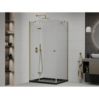 Mexen Roma sklopná sprchová kabína 100 x 90 cm, priehľadná, zlatá + plochá sprchová vanička, čierna - 854-100-090-50-00-4070G
