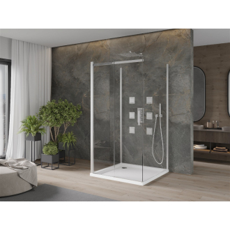 Mexen Omega 3-stenný, výsuvný sprchovací kút 100 x 100 cm, transparentný, chróm + Sprchová vanička plochá - 825-100-100-01-00-3s-4010