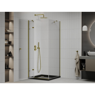 Mexen Roma sklopná sprchová kabína 80 x 80 cm, priehľadná, zlatá + plochá sprchová vanička, čierna - 854-080-080-50-00-4070G