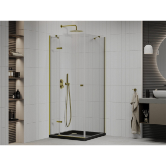 Mexen Roma sklopná sprchová kabína 80 x 80 cm, priehľadná, zlatá + plochá sprchová vanička, čierna - 854-080-080-50-00-4070G