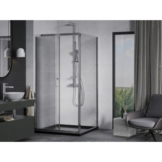 Mexen Apia výsuvná sprchová kabína 90 x 90 cm, transparentná, chróm + plochá sprchová vanička, čierna - 840-090-090-01-00-4070