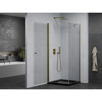 Mexen Pretoria sklopná sprchová kabína 80 x 80 cm, priehľadná, zlatá + plochá sprchová vanička, čierna - 852-080-080-50-00-4070G
