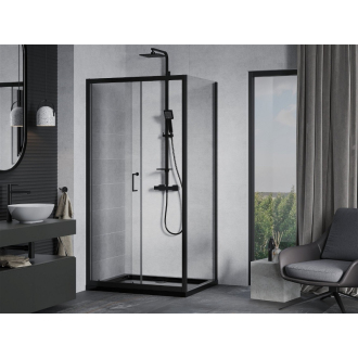 Mexen Apia výsuvná sprchová kabína 90 x 100 cm, priehľadná, čierna + plochá sprchová vanička, čierna - 840-090-100-70-00-4070B