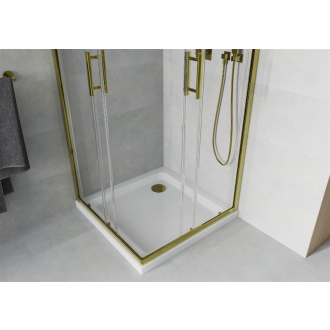 Mexen Rio štvorcová sprchová kabína 90 x 90 cm, priehľadná, zlatá + plochá sprchová vanička, biela - 860-090-090-50-00-4010G