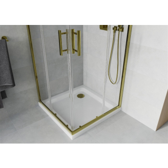 Mexen Rio štvorcová sprchová kabína 90 x 90 cm, priehľadná, zlatá + plochá sprchová vanička, biela - 860-090-090-50-00-4010G