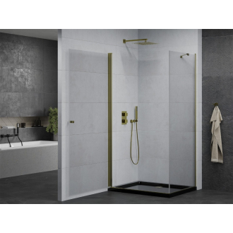 Mexen Pretoria sklopná sprchová kabína 90 x 80 cm, priehľadná, zlatá + plochá sprchová vanička, čierna - 852-090-080-50-00-4070G