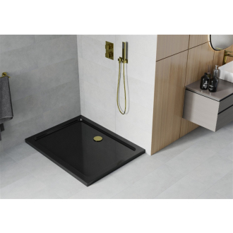 Mexen Flat štíhla obdĺžniková sprchová vanička 130 x 90 cm, čierna, zlatý sifón - 40709013G