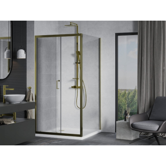 Mexen Apia výsuvná sprchová kabína 90 x 90 cm, priehľadná, zlatá + plochá sprchová vanička, biela - 840-090-090-50-00-4010G
