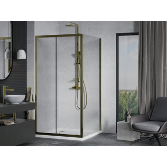 Mexen Apia výsuvná sprchová kabína 90 x 90 cm, priehľadná, zlatá + plochá sprchová vanička, biela - 840-090-090-50-00-4010G
