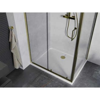 Mexen Apia výsuvná sprchová kabína 140 x 80 cm, priehľadná, zlatá + plochá sprchová vanička, biela - 840-140-080-50-00-4010G