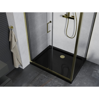 Mexen Apia výsuvná sprchová kabína 130 x 90 cm, priehľadná, zlatá + plochá sprchová vanička, čierna - 840-130-090-50-00-4070G