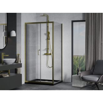 Mexen Apia výsuvná sprchová kabína 140 x 70 cm, priehľadná, zlatá + plochá sprchová vanička, čierna - 840-140-070-50-00-4070G