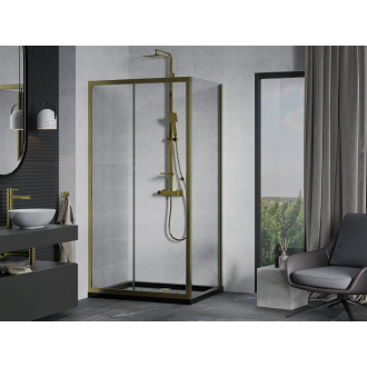 Mexen Apia výsuvná sprchová kabína 140 x 70 cm, priehľadná, zlatá + plochá sprchová vanička, čierna - 840-140-070-50-00-4070G