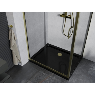 Mexen Apia výsuvná sprchová kabína 140 x 90 cm, priehľadná, zlatá + plochá sprchová vanička, čierna - 840-140-090-50-00-4070G