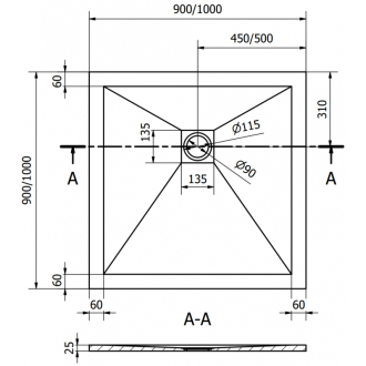 Mexen Stone+ štvorcová kompozitová sprchová vanička 90 x 90 cm, čierna - 44709090