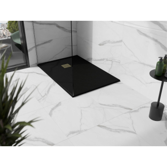 Mexen Stone+ obdĺžniková kompozitová sprchová vanička 90 x 80 cm, čierna, zlatý kryt - 44708090-G