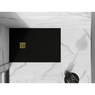 Mexen Stone+ obdĺžniková kompozitová sprchová vanička 90 x 80 cm, čierna, zlatý kryt - 44708090-G