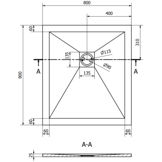 Mexen Stone+ obdĺžniková kompozitová sprchová vanička 90 x 80 cm, čierna, zlatý kryt - 44708090-G