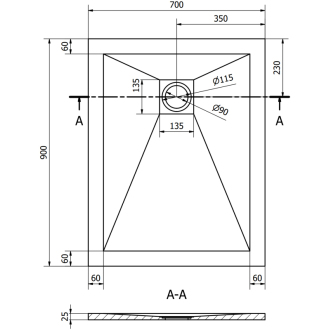 Mexen Stone+ obdĺžniková kompozitová sprchová vanička 90 x 70 cm, čierna, čierny kryt - 44707090-B