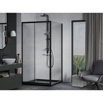 Mexen Apia výsuvná sprchová kabína 100 x 100 cm, priehľadná, čierna + plochá sprchová vanička, čierna - 840-100-100-70-00-4070B
