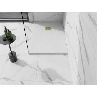 Mexen Stone+ obdĺžniková kompozitová sprchová vanička 90 x 80 cm, biela, zlatý kryt - 44108090-G