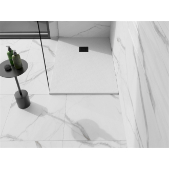 Mexen Stone+ obdĺžniková kompozitová sprchová vanička 90 x 80 cm, biela, čierny poťah - 44108090-B