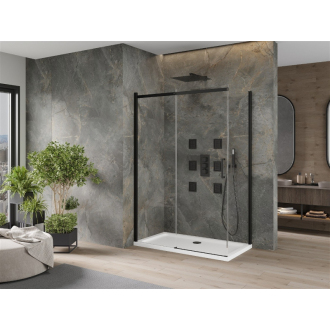 Mexen Omega výsuvná sprchová kabína 140 x 80 cm, priehľadná, čierna + plochá sprchová vanička, biela - 825-140-080-70-00-4010B