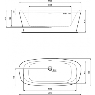 Ideal Standard DEA E306601 vaňa 170x70 voľne stojaca, odpad uprostred.