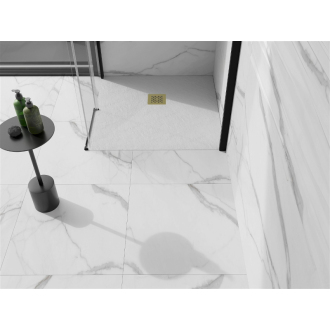 Mexen Stone+ štvorcová kompozitová sprchová vanička 100 x 100 cm, biela, zlatý kryt - 44101010-G