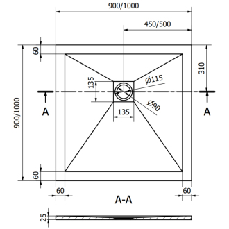 Mexen Stone+ štvorcová kompozitová sprchová vanička 100 x 100 cm, biela, zlatý kryt - 44101010-G
