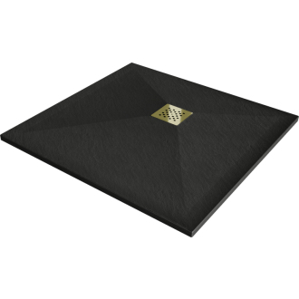 Mexen Stone+ štvorcová kompozitová sprchová vanička 80 x 80 cm, čierna, zlatý kryt - 44708080-G