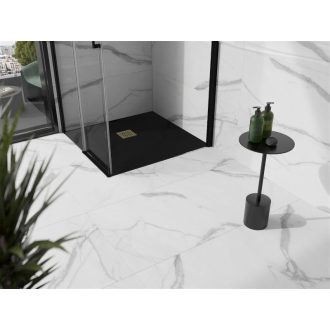Mexen Stone+ štvorcová kompozitová sprchová vanička 100 x 100 cm, čierna, zlatý kryt - 44701010-G