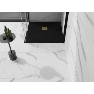 Mexen Stone+ štvorcová kompozitová sprchová vanička 100 x 100 cm, čierna, zlatý kryt - 44701010-G