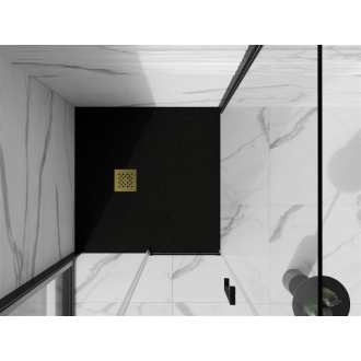 Mexen Stone+ štvorcová kompozitová sprchová vanička 100 x 100 cm, čierna, zlatý kryt - 44701010-G